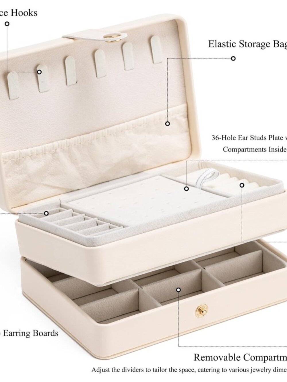 Travel Jewelry Case, 2-Layer Large Jewelry Organizer Box, Beige, PU Leather - Picture 5 of 7